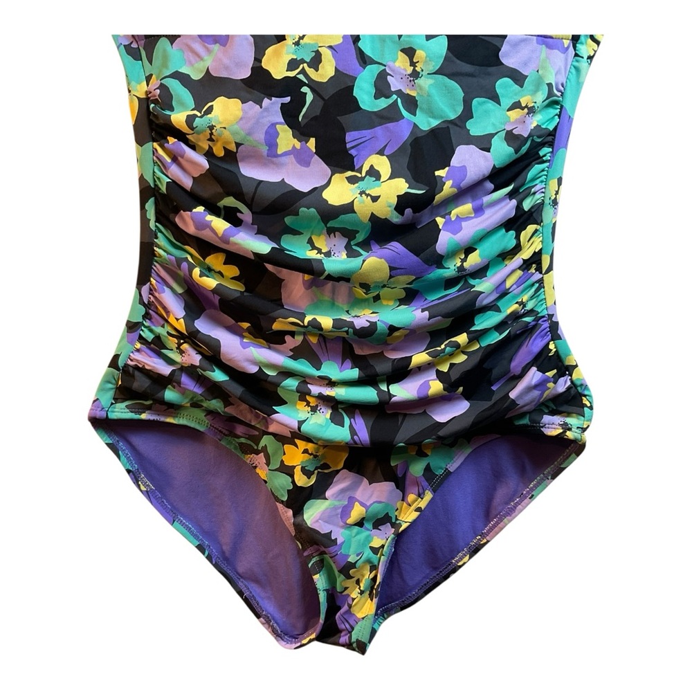 Anne Cole Women’s Strapless One Piece Swimsuit Green Purple Yellow Floral Size 6 - Picture 3 of 13